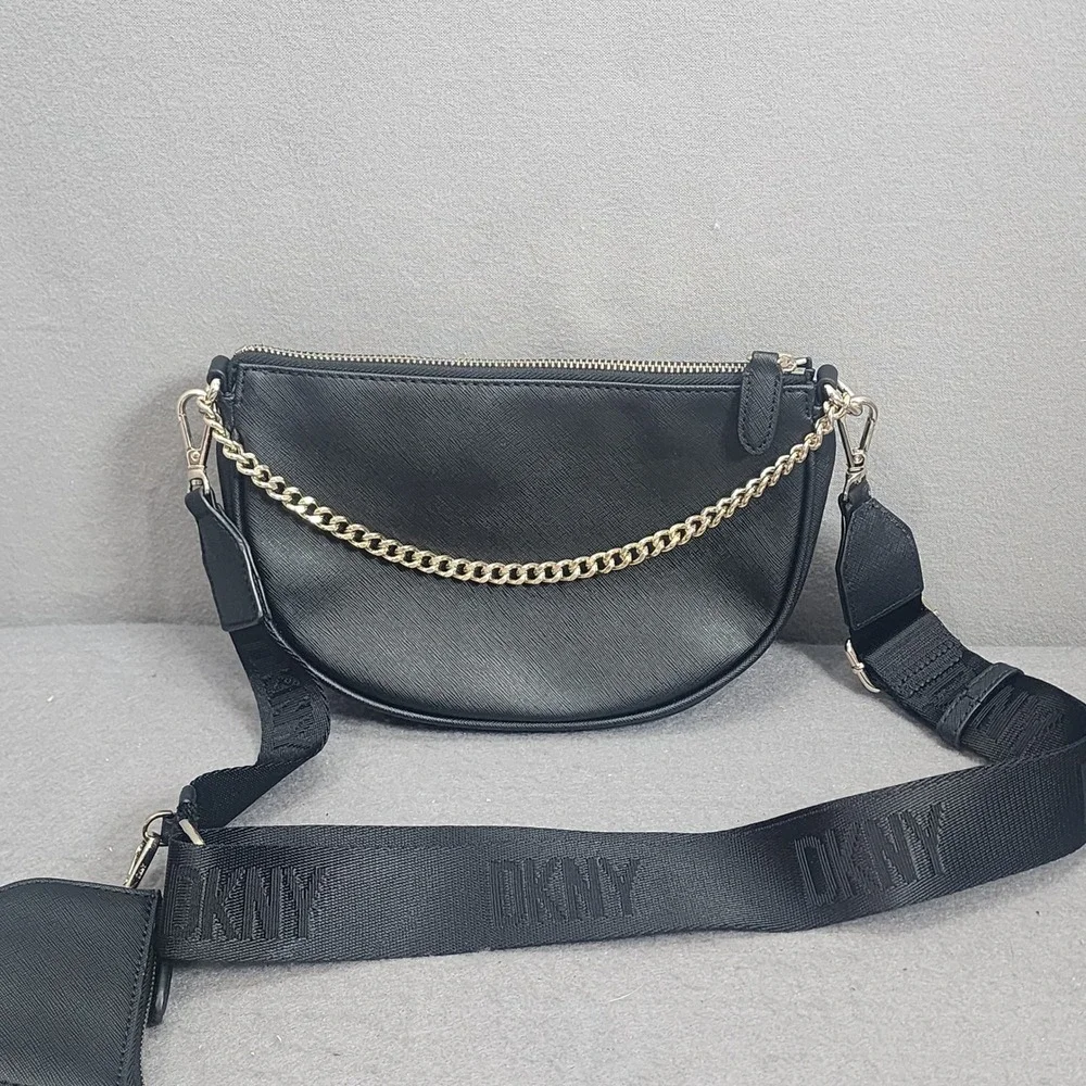 DKNY Crossbody Bag Black Saffiano Leather Logo Strap Coin Purse Womens Small